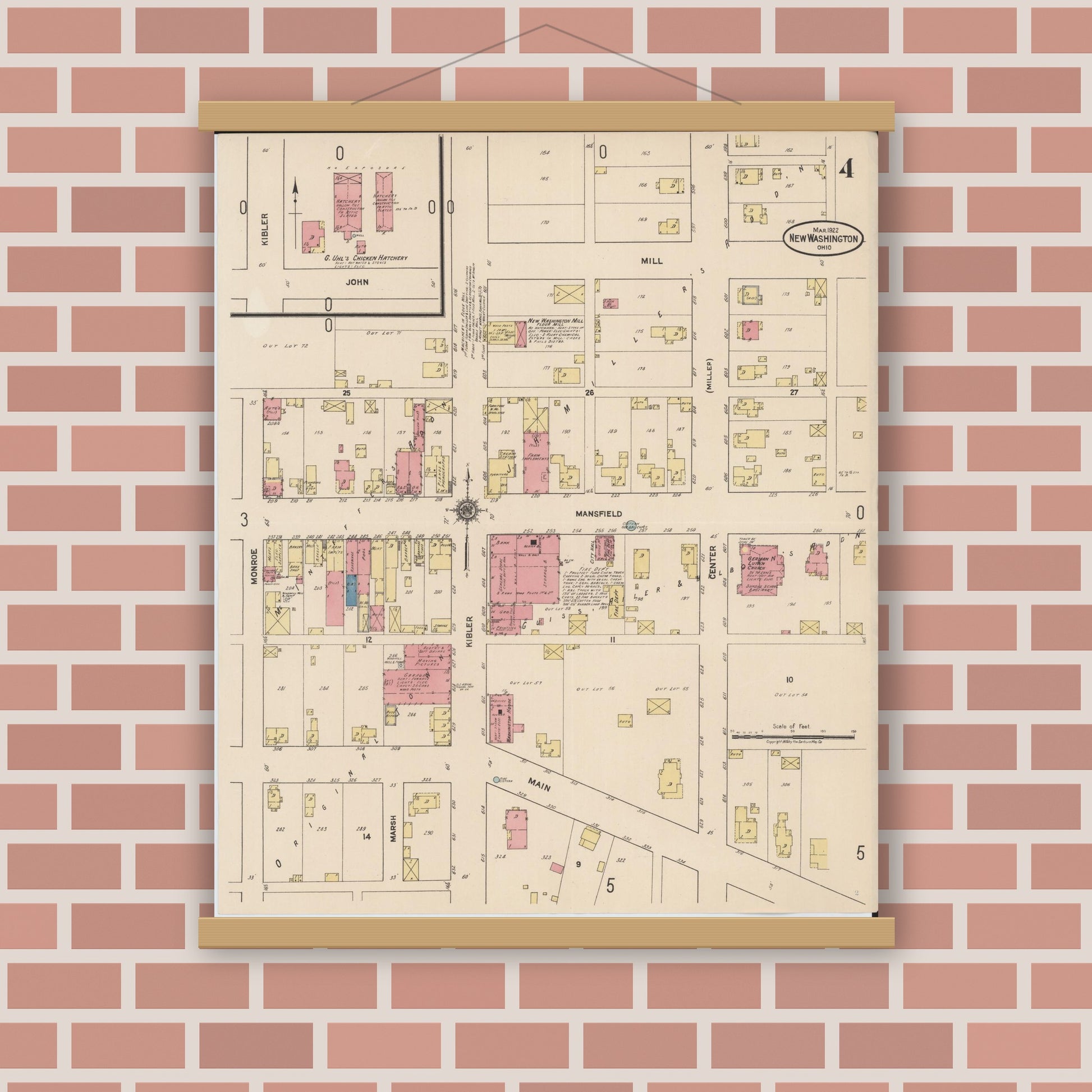 Old map wall art mockup — magnetic wood frame on brick wall — Sanborn Fire Insurance Map from New Washington, Crawford County, Ohio (1922), Sheet #0004