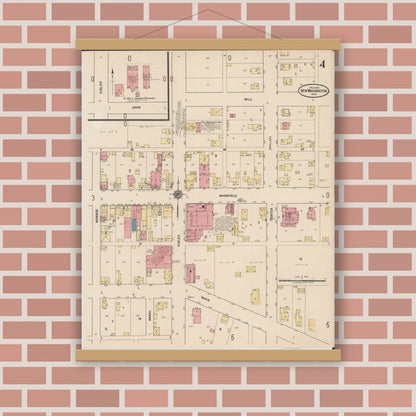 Old map wall art mockup — magnetic wood frame on brick wall — Sanborn Fire Insurance Map from New Washington, Crawford County, Ohio (1922), Sheet #0004