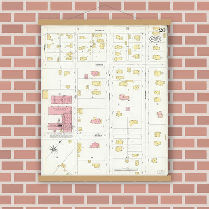 Old map wall art mockup — magnetic wood frame on brick wall — Sanborn Fire Insurance Map from La Porte, La Porte County, Indiana (1907), Sheet #0020