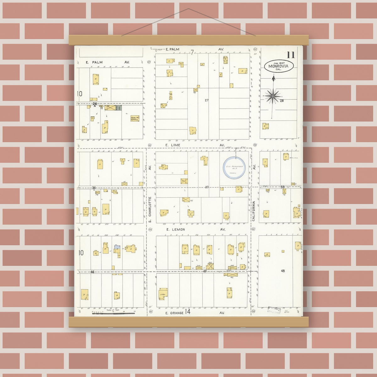 Old map wall art mockup — magnetic wood frame on brick wall — Sanborn Fire Insurance Map from Monrovia, Los Angeles County, California (1907), Sheet #0011