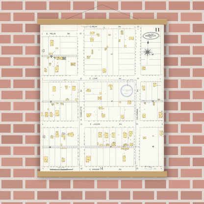 Old map wall art mockup — magnetic wood frame on brick wall — Sanborn Fire Insurance Map from Monrovia, Los Angeles County, California (1907), Sheet #0011