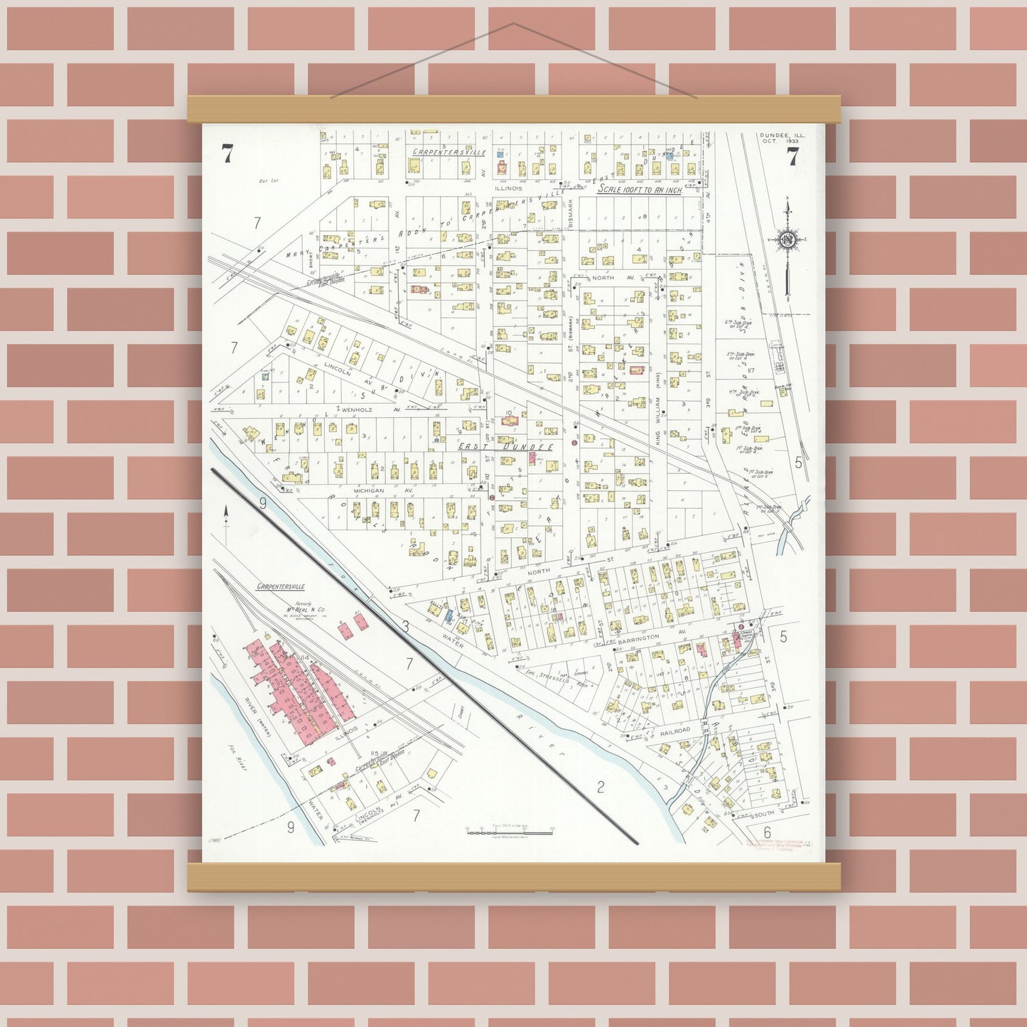 Old map wall art mockup — magnetic wood frame on brick wall — Sanborn Fire Insurance Map from Dundee, Kane County, Illinois (1933), Sheet #0007