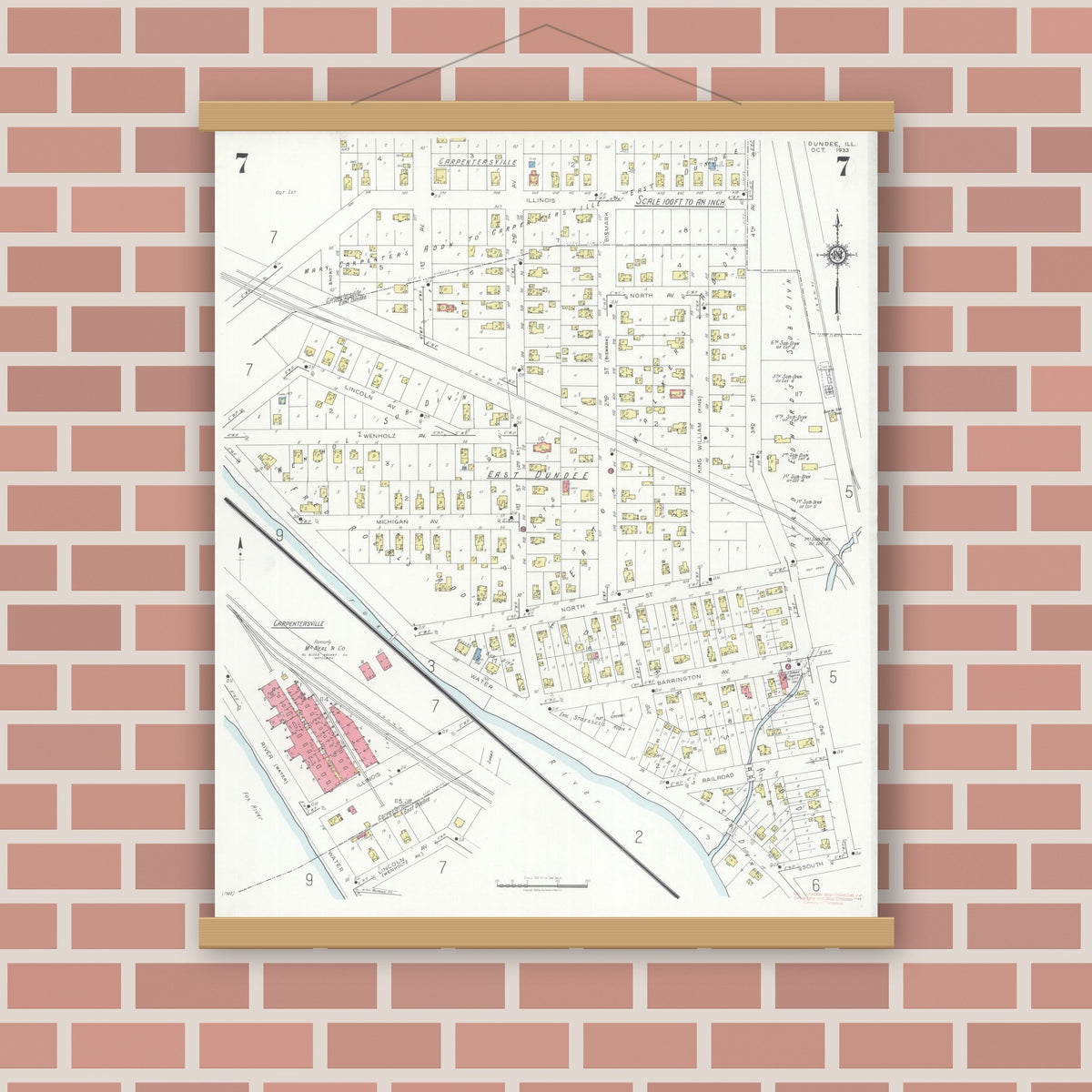 Old map wall art mockup — magnetic wood frame on brick wall — Sanborn Fire Insurance Map from Dundee, Kane County, Illinois (1933), Sheet #0007