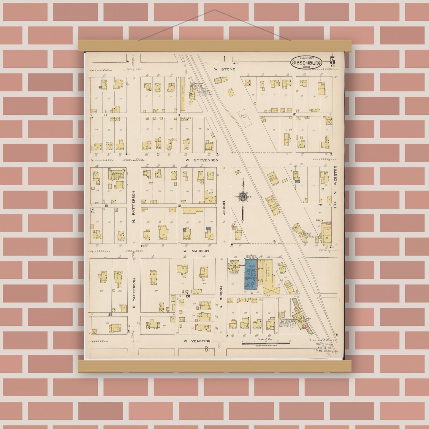Old map wall art mockup — magnetic wood frame on brick wall — Sanborn Fire Insurance Map from Gibsonburg, Sandusky County, Ohio (1922), Sheet #0005
