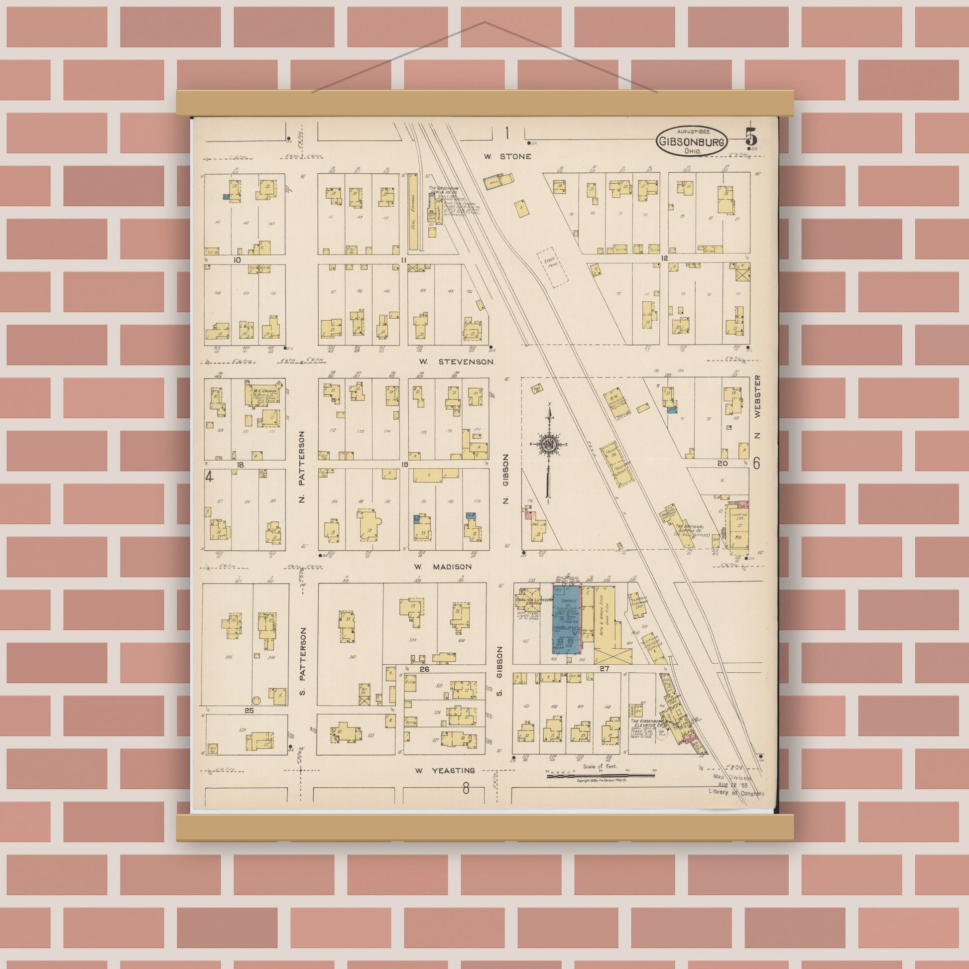 Old map wall art mockup — magnetic wood frame on brick wall — Sanborn Fire Insurance Map from Gibsonburg, Sandusky County, Ohio (1922), Sheet #0005