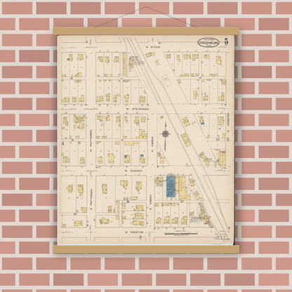 Old map wall art mockup — magnetic wood frame on brick wall — Sanborn Fire Insurance Map from Gibsonburg, Sandusky County, Ohio (1922), Sheet #0005