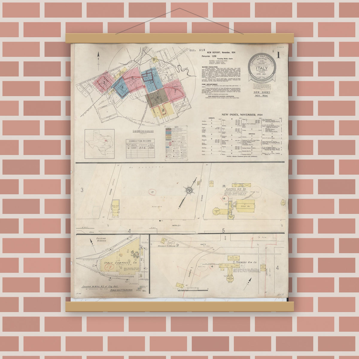 Old map wall art mockup — magnetic wood frame on brick wall — Sanborn Fire Insurance Map from Italy, Ellis County, Texas (1944) - Complete Map Set