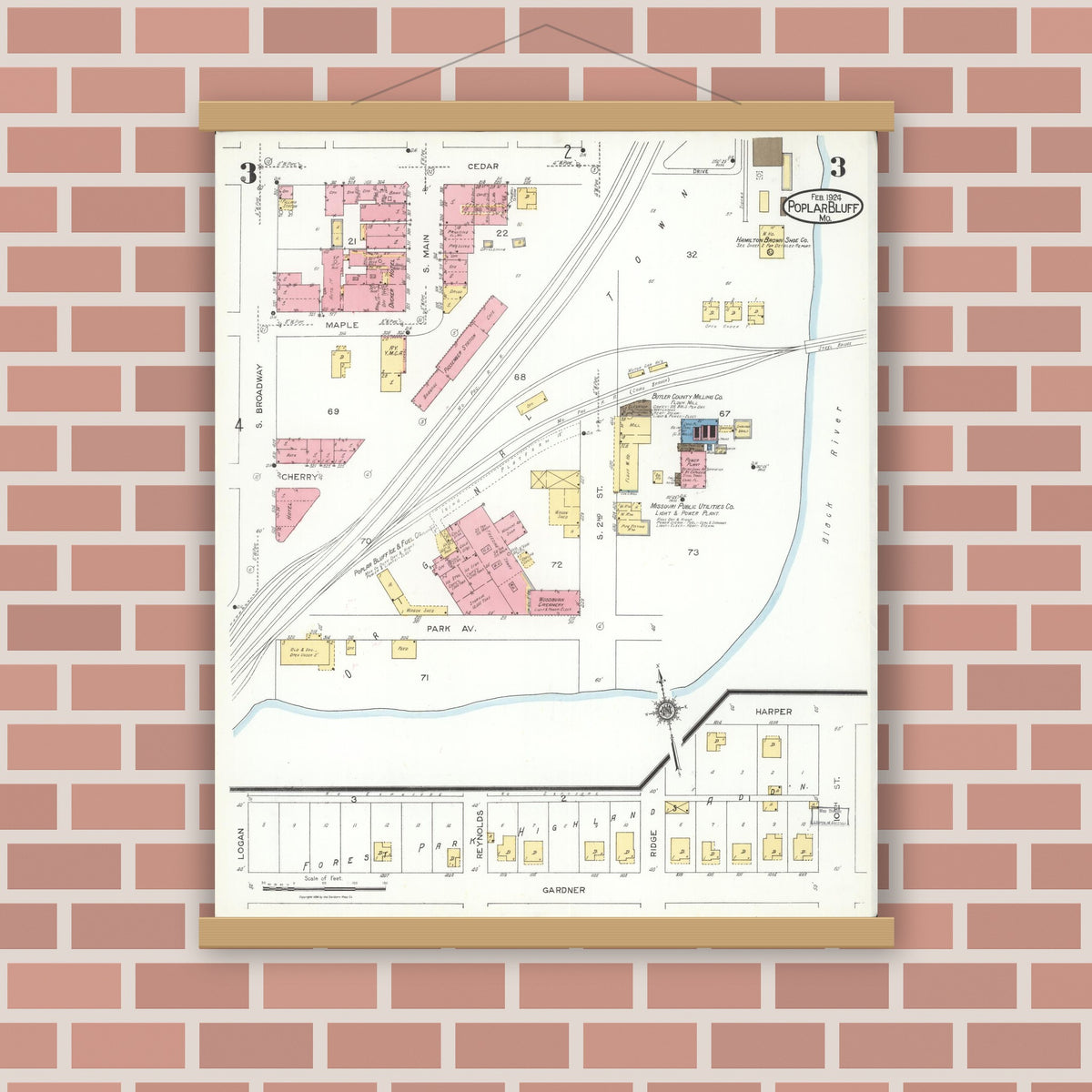 Old map wall art mockup — magnetic wood frame on brick wall — Sanborn Fire Insurance Map from Poplar Bluff, Butler County, Missouri (1924), Sheet #0003