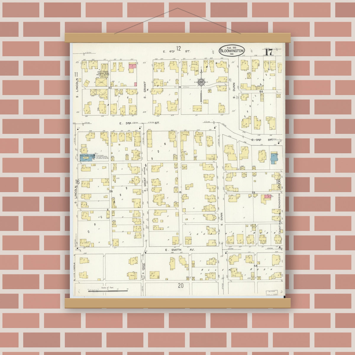 Old map wall art mockup — magnetic wood frame on brick wall — Sanborn Fire Insurance Map from Bloomington, Monroe County, Indiana (1913), Sheet #0017