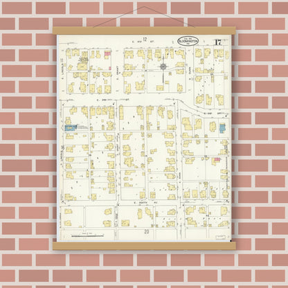 Old map wall art mockup — magnetic wood frame on brick wall — Sanborn Fire Insurance Map from Bloomington, Monroe County, Indiana (1913), Sheet #0017