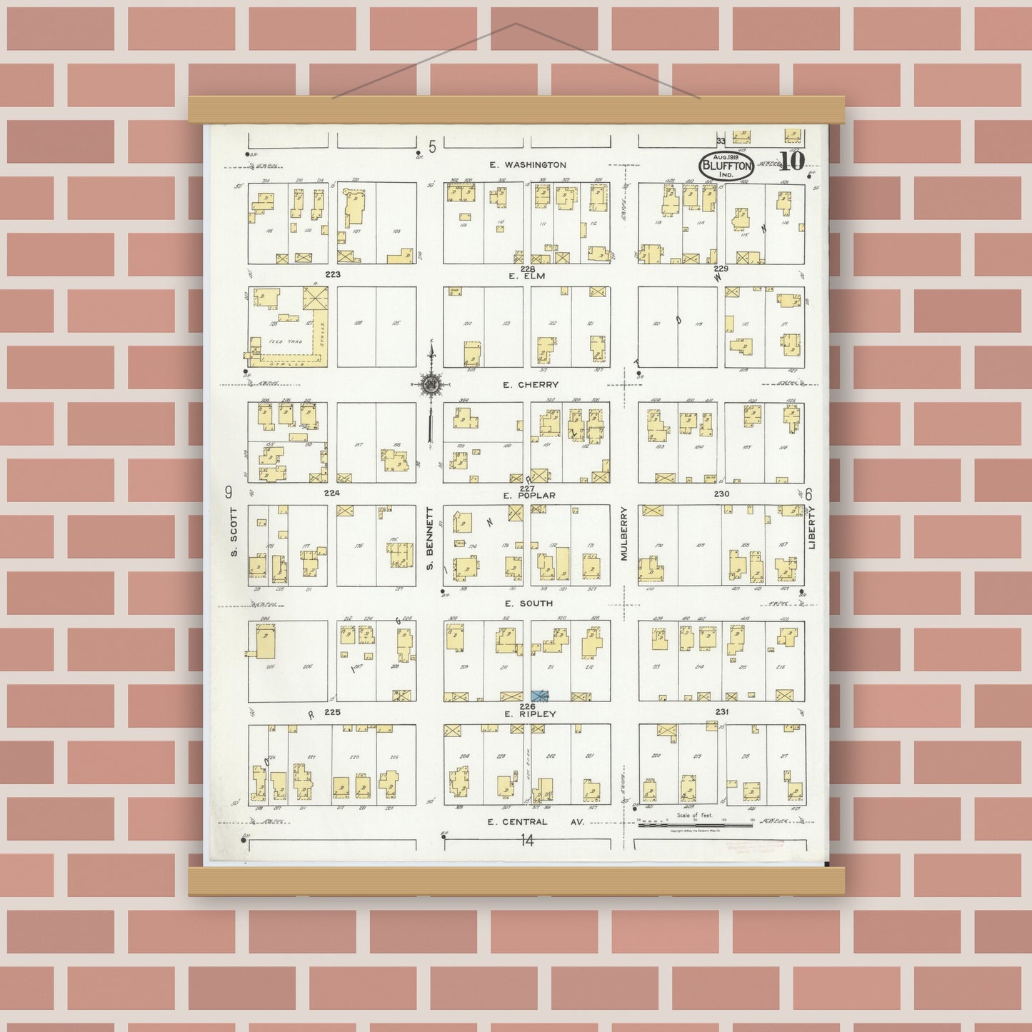 Old map wall art mockup — magnetic wood frame on brick wall — Sanborn Fire Insurance Map from Bluffton, Wells County, Indiana (1919), Sheet #0010