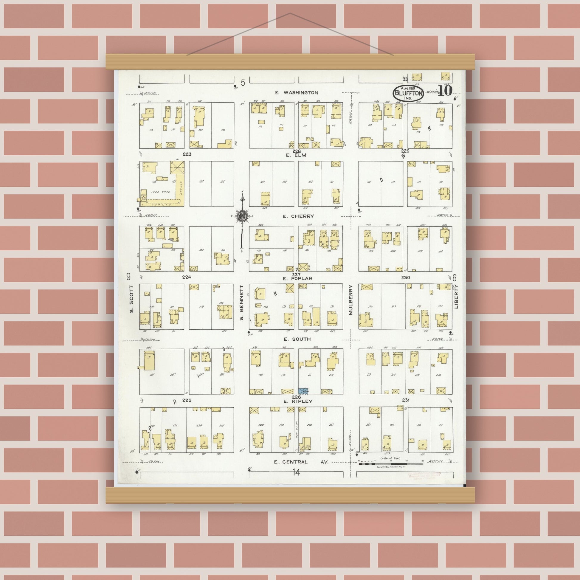 Old map wall art mockup — magnetic wood frame on brick wall — Sanborn Fire Insurance Map from Bluffton, Wells County, Indiana (1919), Sheet #0010