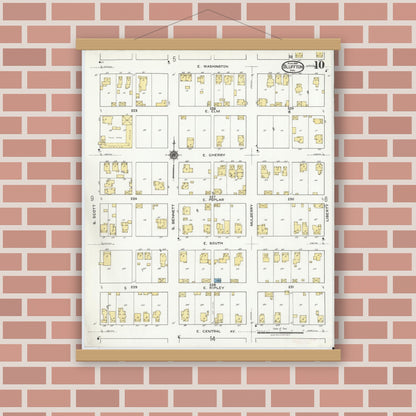 Old map wall art mockup — magnetic wood frame on brick wall — Sanborn Fire Insurance Map from Bluffton, Wells County, Indiana (1919), Sheet #0010