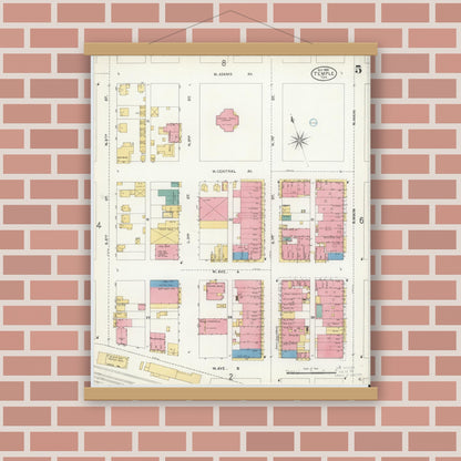 Old map wall art mockup — magnetic wood frame on brick wall — Sanborn Fire Insurance Map from Temple, Bell County, Texas (1905), Sheet #0005