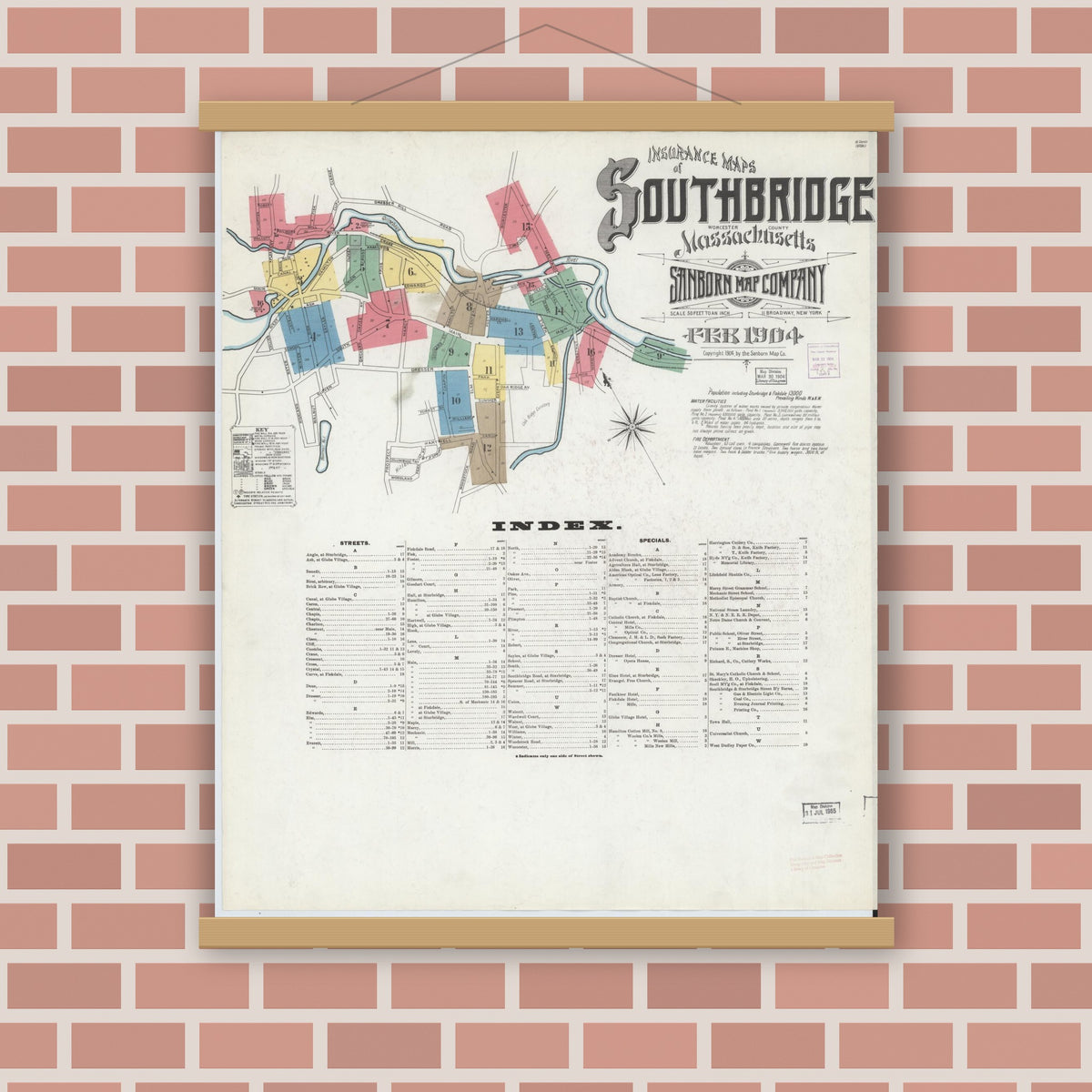 Old map wall art mockup — magnetic wood frame on brick wall — Sanborn Fire Insurance Map from Southbridge, Worcester County, Massachusetts (1904) - Complete Map Set