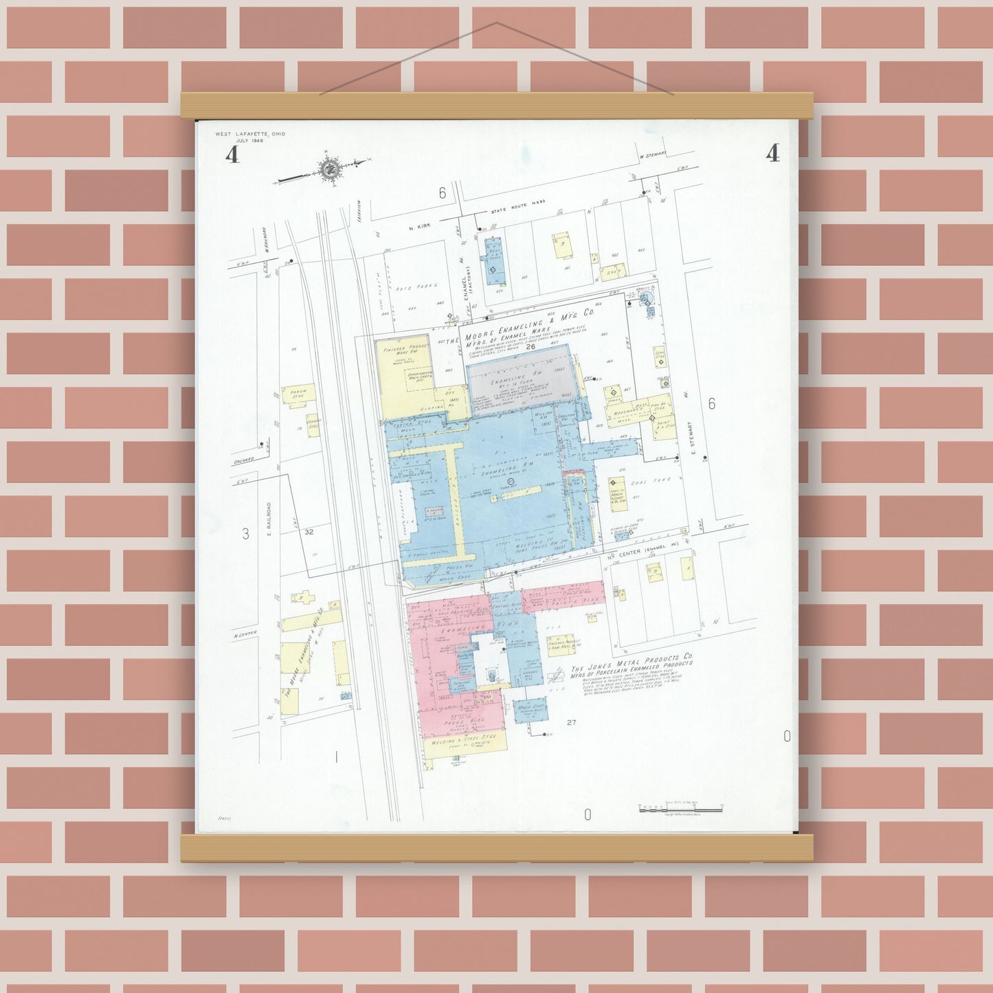 Old map wall art mockup — magnetic wood frame on brick wall — Sanborn Fire Insurance Map from West Lafayette, Coshocton County, Ohio (1946), Sheet #0004