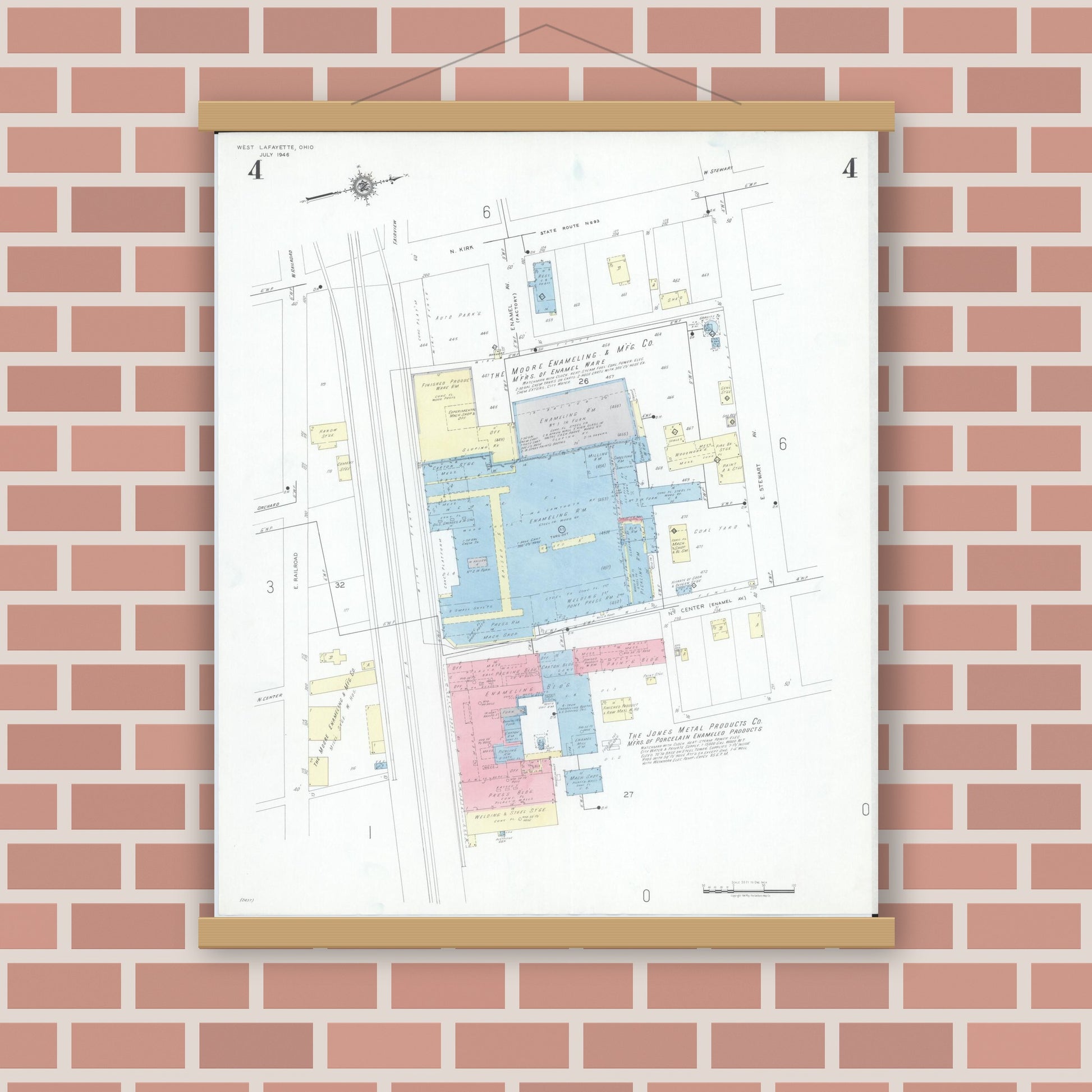 Old map wall art mockup — magnetic wood frame on brick wall — Sanborn Fire Insurance Map from West Lafayette, Coshocton County, Ohio (1946), Sheet #0004