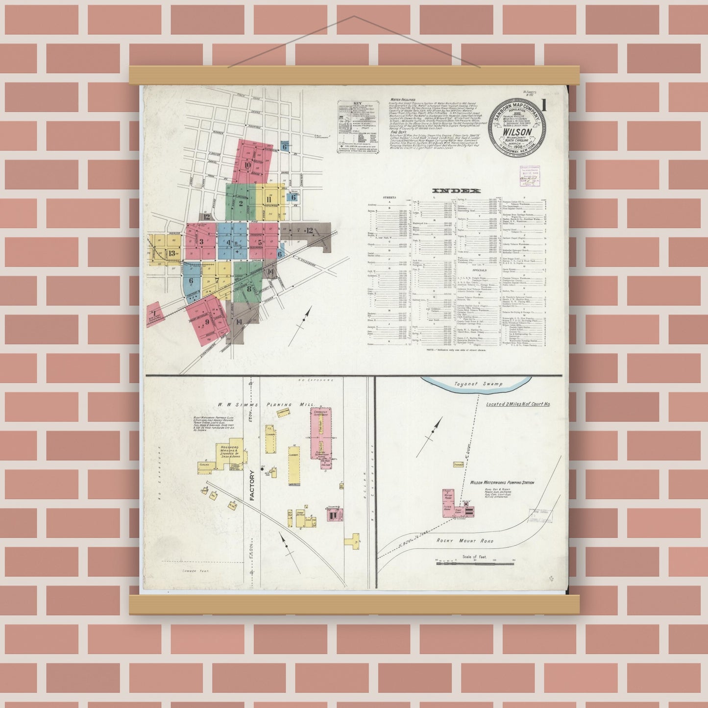 Old map wall art mockup — magnetic wood frame on brick wall — Sanborn Fire Insurance Map from Wilson, Wilson County, North Carolina (1908), Sheet #0001