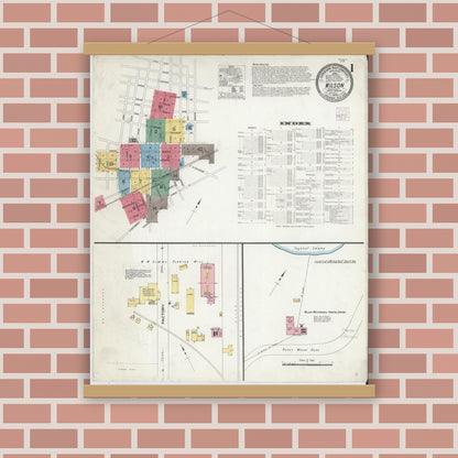 Old map wall art mockup — magnetic wood frame on brick wall — Sanborn Fire Insurance Map from Wilson, Wilson County, North Carolina (1908), Sheet #0001