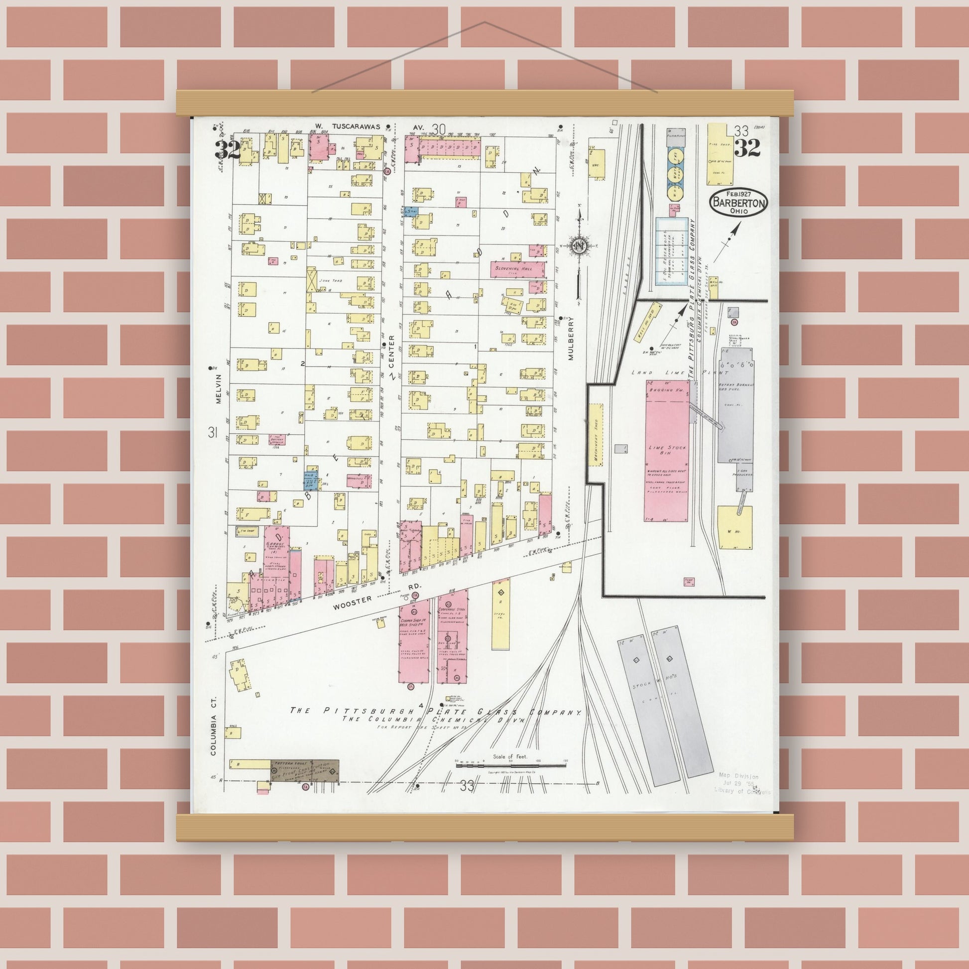 Old map wall art mockup — magnetic wood frame on brick wall — Sanborn Fire Insurance Map from Barberton, Summit County, Ohio (1927), Sheet #0032