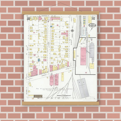 Old map wall art mockup — magnetic wood frame on brick wall — Sanborn Fire Insurance Map from Barberton, Summit County, Ohio (1927), Sheet #0032