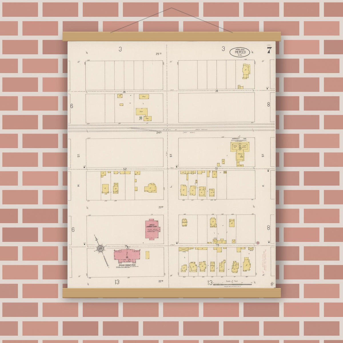 Old map wall art mockup — magnetic wood frame on brick wall — Sanborn Fire Insurance Map from Merced, Merced County, California (1922), Sheet #0007