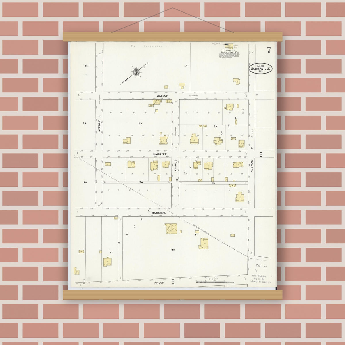 Old map wall art mockup — magnetic wood frame on brick wall — Sanborn Fire Insurance Map from Somerville, Burleson County, Texas (1910), Sheet #0007