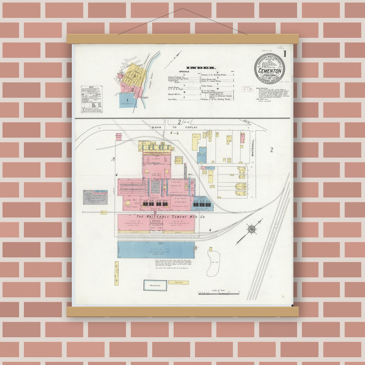 Old map wall art mockup — magnetic wood frame on brick wall — Sanborn Fire Insurance Map from Cementon, Lehigh County, Pennsylvania (1911), Sheet #0001