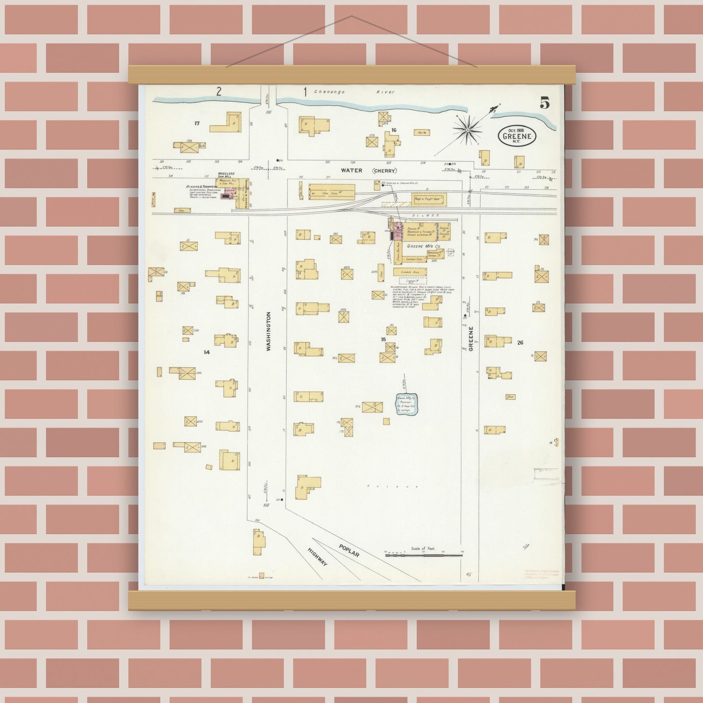 Old map wall art mockup — magnetic wood frame on brick wall — Sanborn Fire Insurance Map from Greene, Chenango County, New York (1908), Sheet #0005