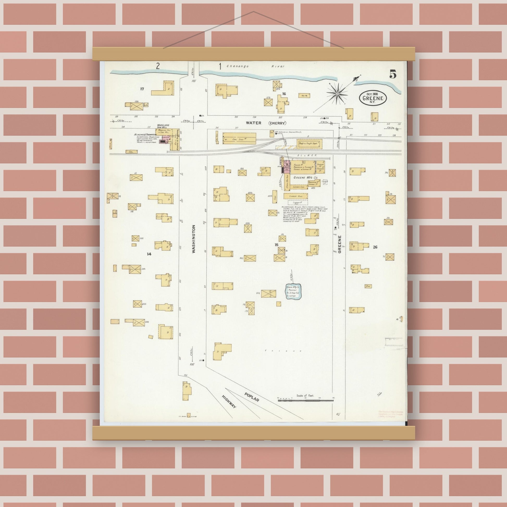 Old map wall art mockup — magnetic wood frame on brick wall — Sanborn Fire Insurance Map from Greene, Chenango County, New York (1908), Sheet #0005