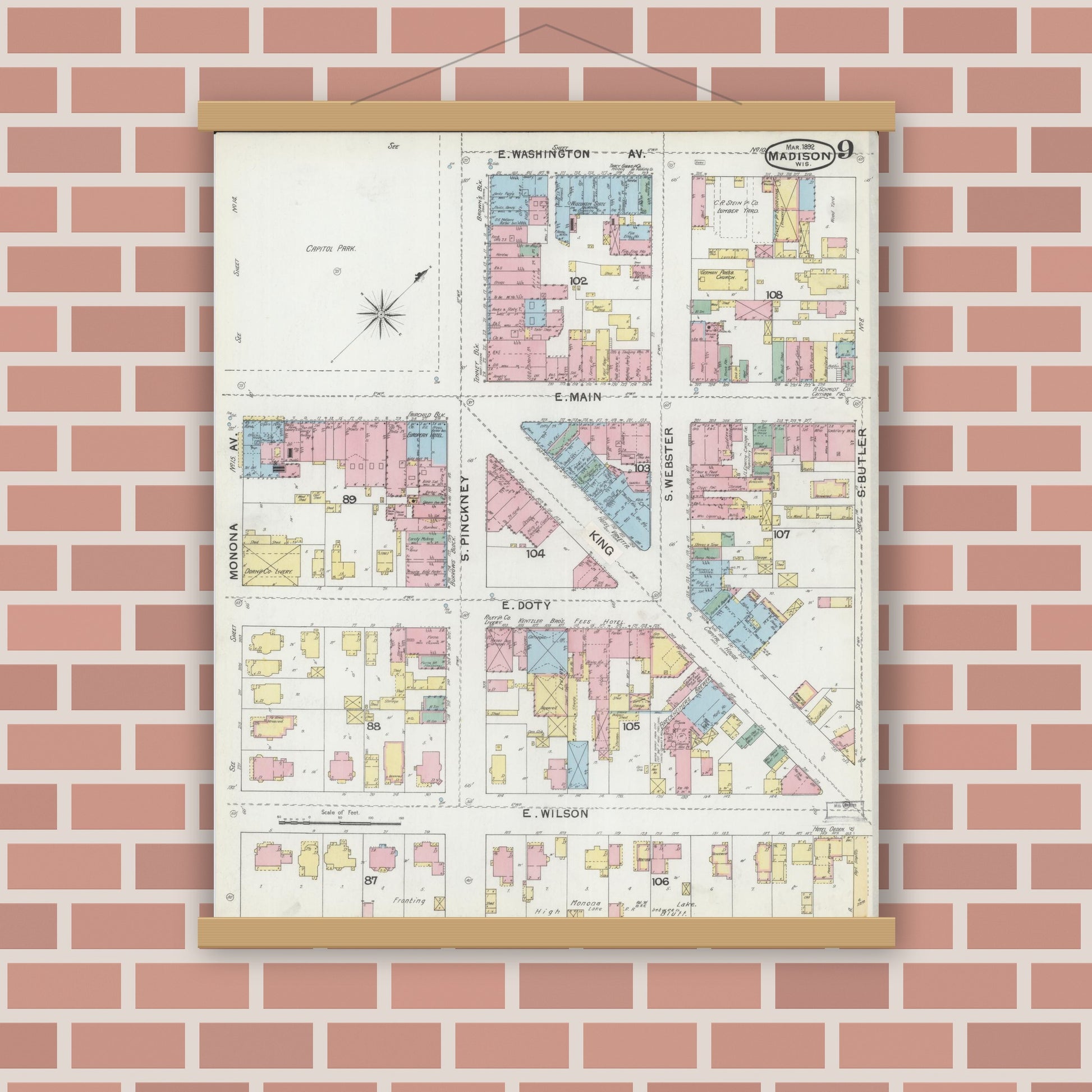 Old map wall art mockup — magnetic wood frame on brick wall — Sanborn Fire Insurance Map from Madison, Dane County, Wisconsin (1892), Sheet #0009