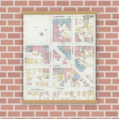 Old map wall art mockup — magnetic wood frame on brick wall — Sanborn Fire Insurance Map from Madison, Dane County, Wisconsin (1892), Sheet #0009