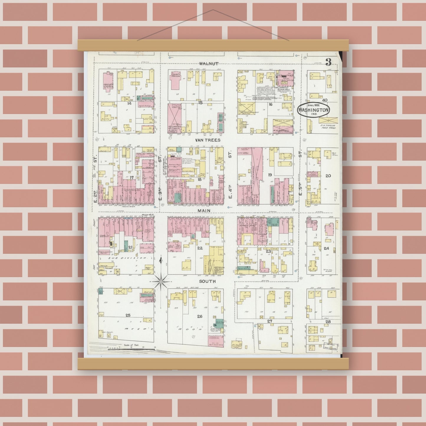Old map wall art mockup — magnetic wood frame on brick wall — Sanborn Fire Insurance Map from Washington, Daviess County, Indiana (1892), Sheet #0003