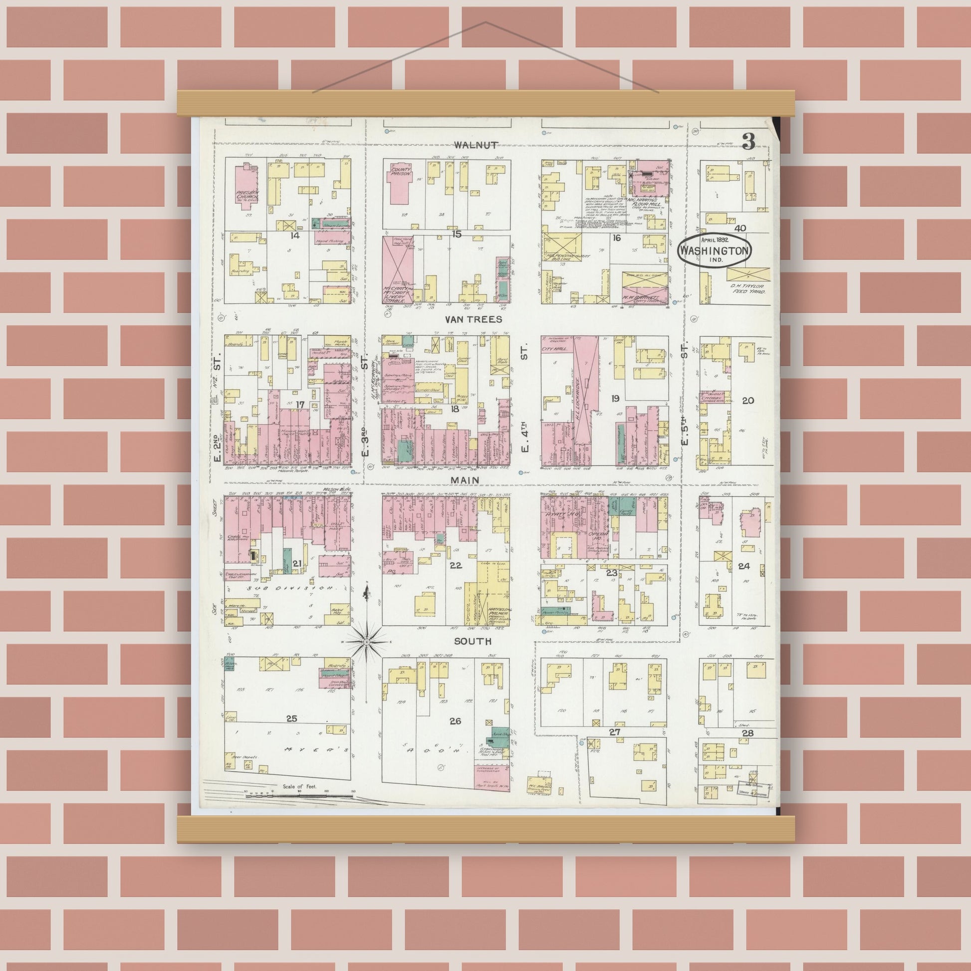 Old map wall art mockup — magnetic wood frame on brick wall — Sanborn Fire Insurance Map from Washington, Daviess County, Indiana (1892), Sheet #0003