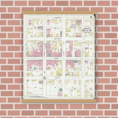 Old map wall art mockup — magnetic wood frame on brick wall — Sanborn Fire Insurance Map from Washington, Daviess County, Indiana (1892), Sheet #0003