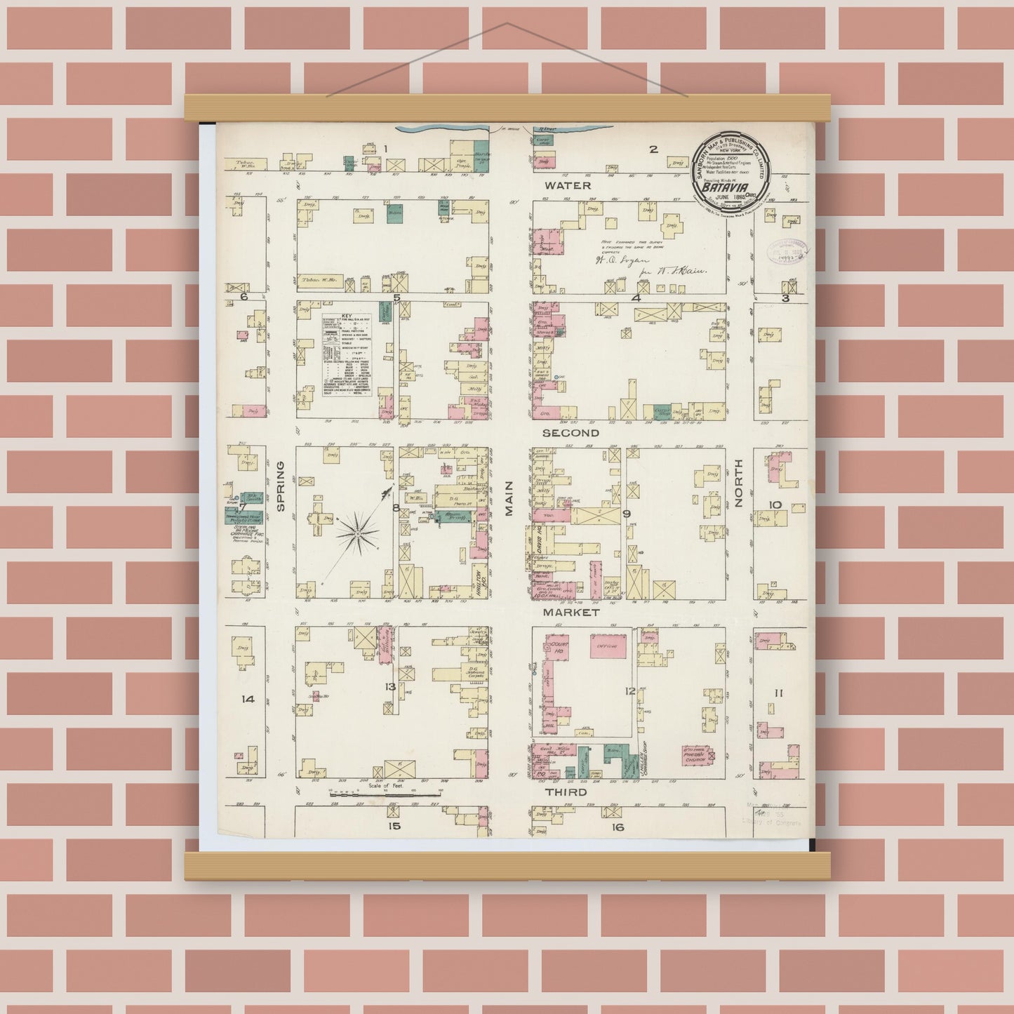 Old map wall art mockup — magnetic wood frame on brick wall — Sanborn Fire Insurance Map from Batavia, Clermont County, Ohio (1885), Sheet #0001