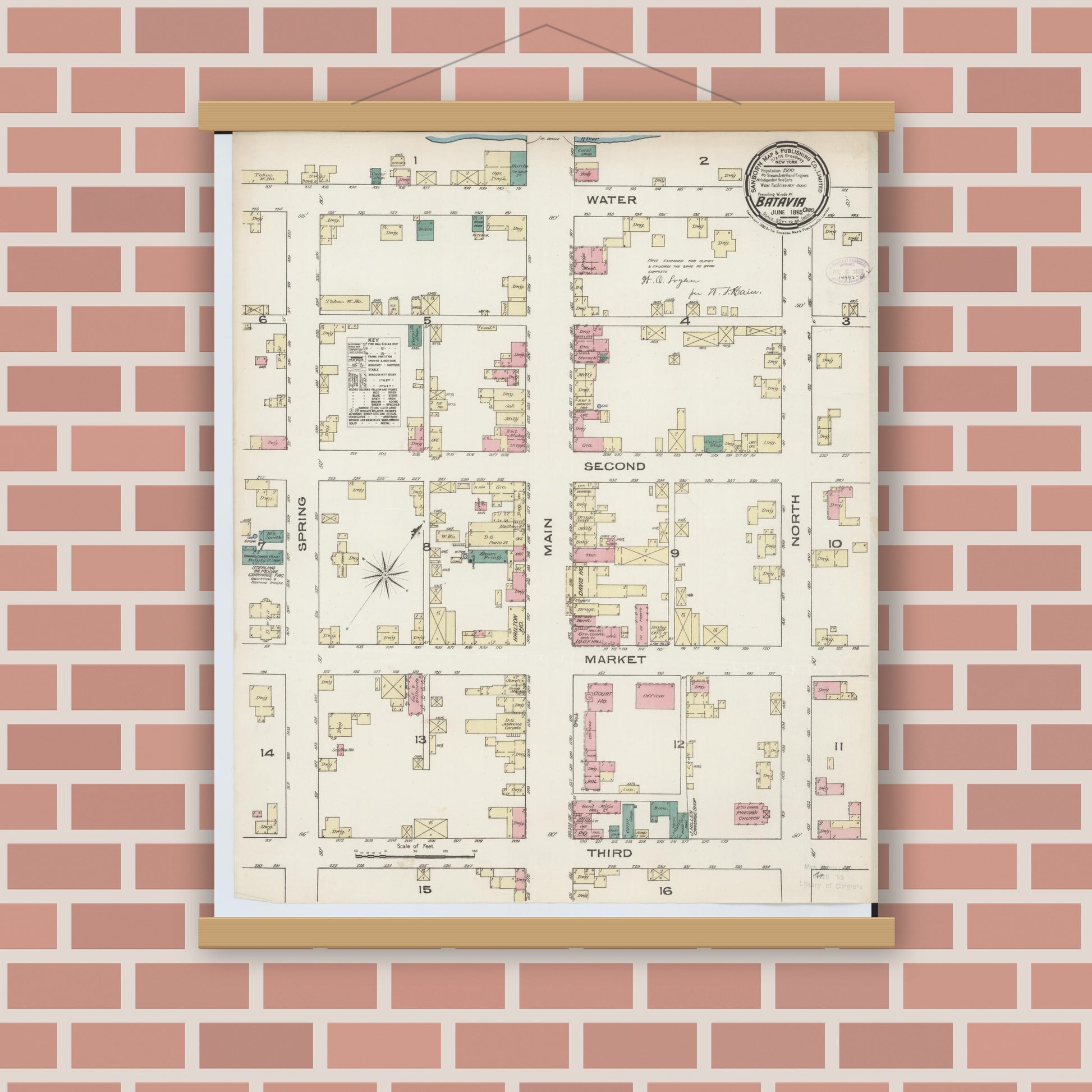 Old map wall art mockup — magnetic wood frame on brick wall — Sanborn Fire Insurance Map from Batavia, Clermont County, Ohio (1885), Sheet #0001
