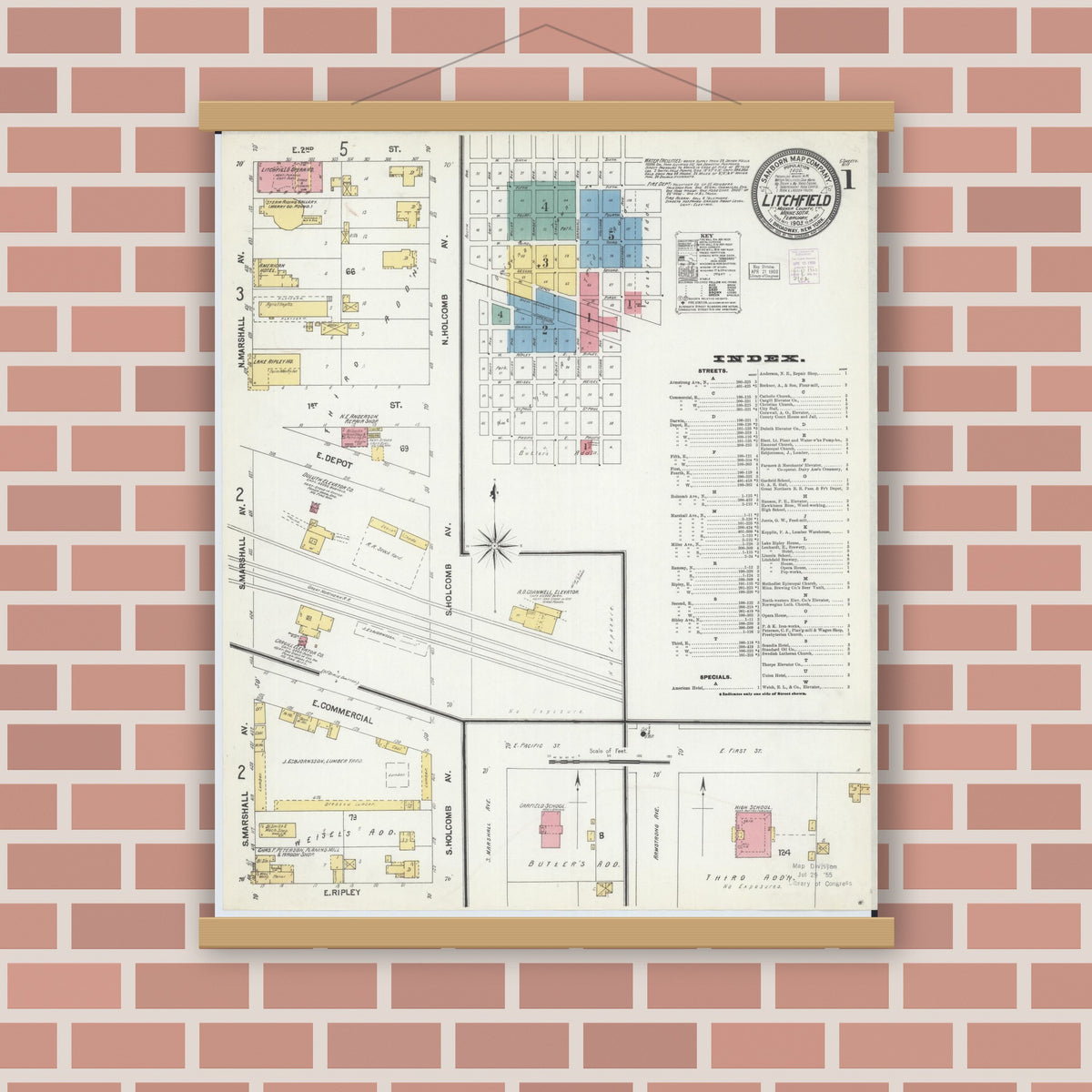 Old map wall art mockup — magnetic wood frame on brick wall — Sanborn Fire Insurance Map from Litchfield, Meeker County, Minnesota (1903), Sheet #0001
