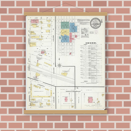 Old map wall art mockup — magnetic wood frame on brick wall — Sanborn Fire Insurance Map from Litchfield, Meeker County, Minnesota (1903), Sheet #0001