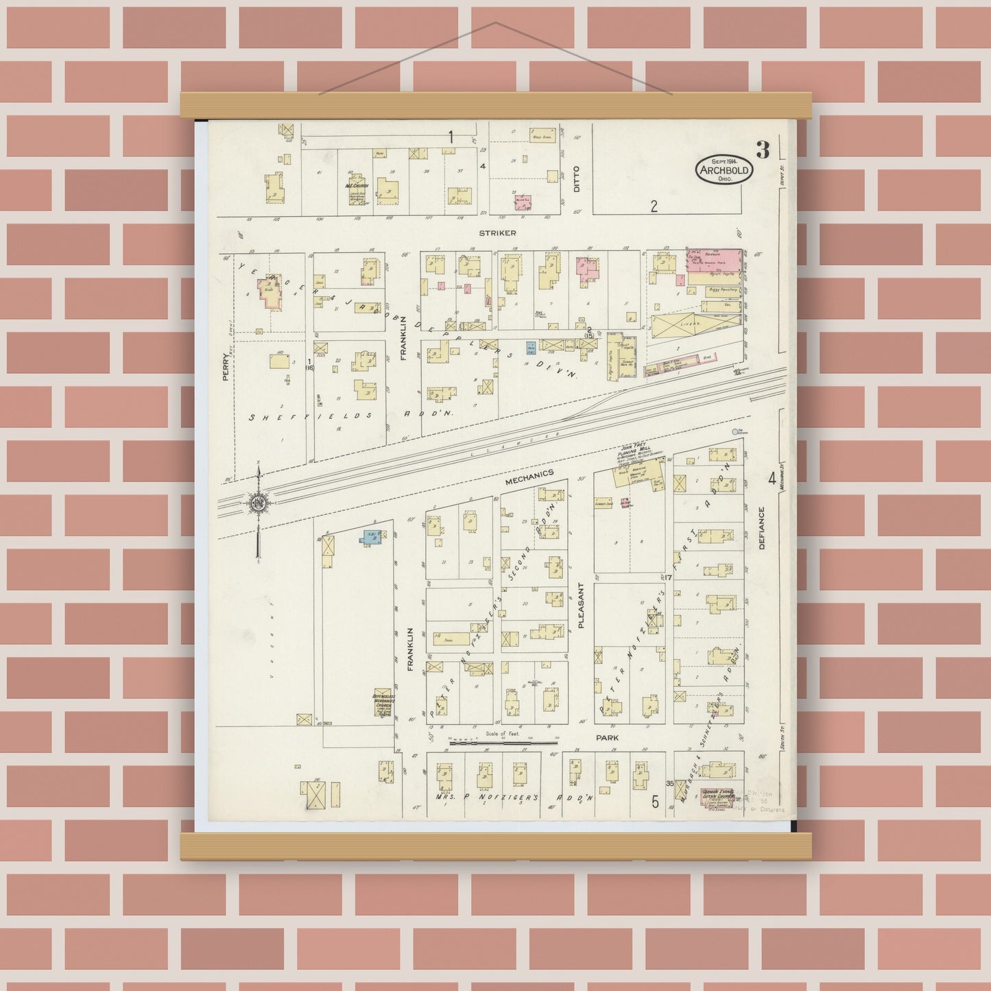 Old map wall art mockup — magnetic wood frame on brick wall — Sanborn Fire Insurance Map from Archbold, Fulton County, Ohio (1914), Sheet #0003