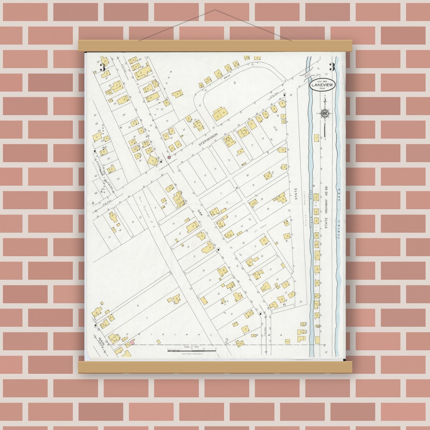 Old map wall art mockup — magnetic wood frame on brick wall — Sanborn Fire Insurance Map from Lakeview, Logan County, Ohio (1929), Sheet #0003