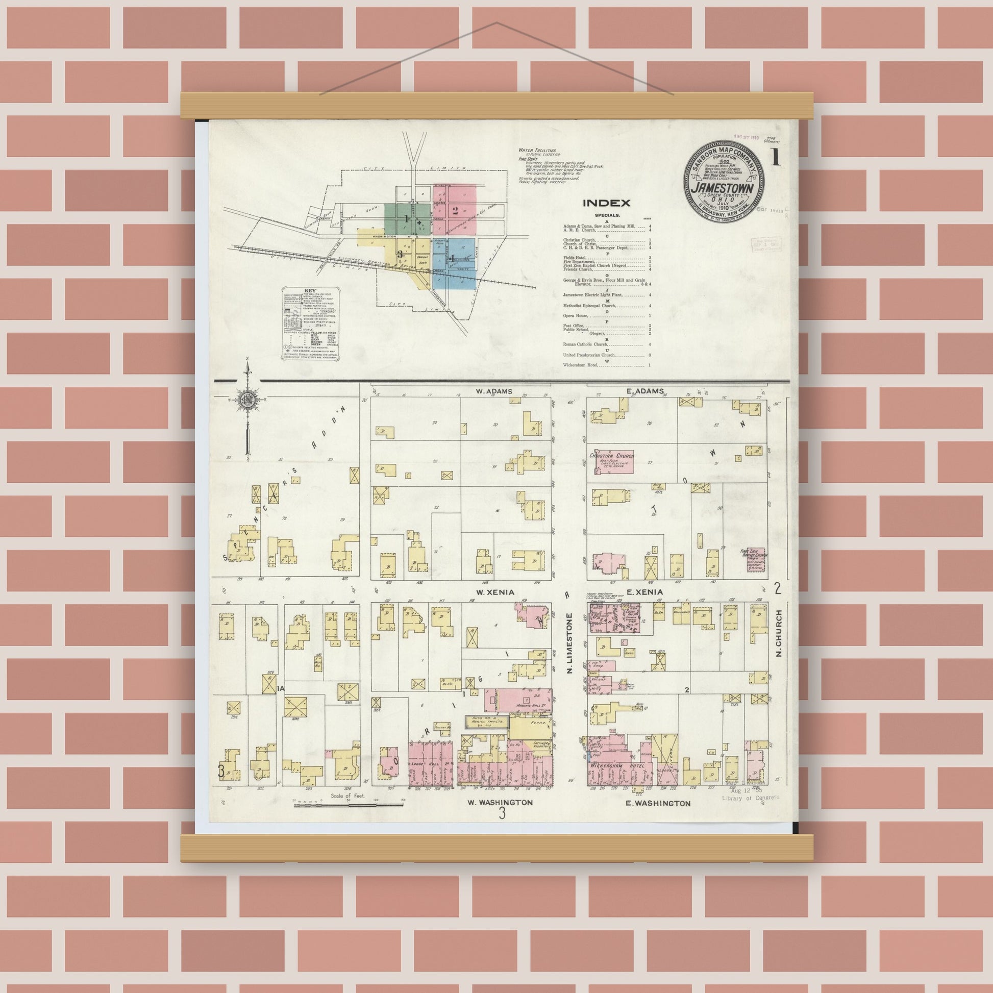 Old map wall art mockup — magnetic wood frame on brick wall — Sanborn Fire Insurance Map from Jamestown, Greene County, Ohio (1910), Sheet #0001