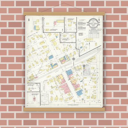 Old map wall art mockup — magnetic wood frame on brick wall — Sanborn Fire Insurance Map from Liberty Center, Henry County, Ohio (1938) - Complete Map Set
