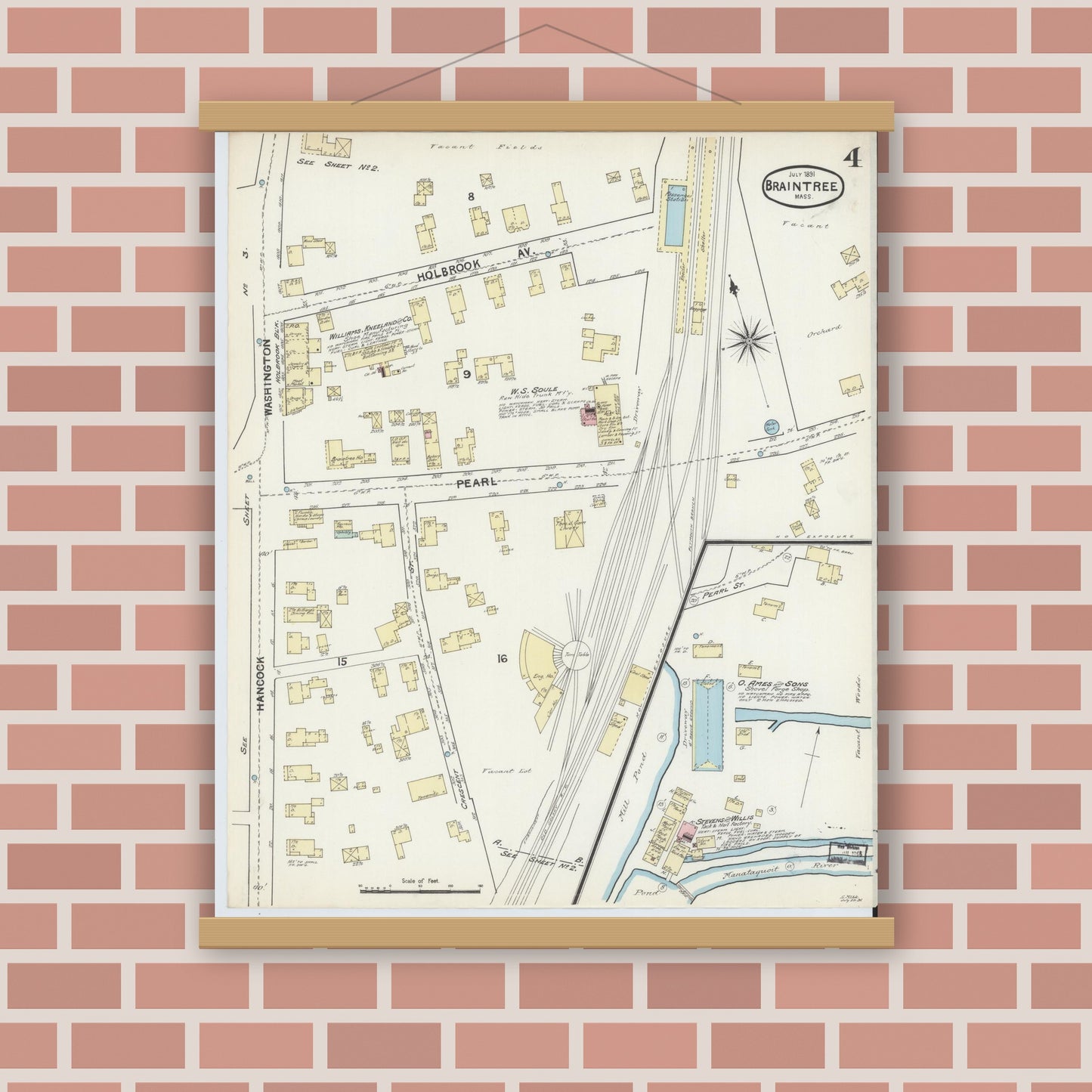 Old map wall art mockup — magnetic wood frame on brick wall — Sanborn Fire Insurance Map from Braintree, Norfolk County, Massachusetts (1891), Sheet #0004