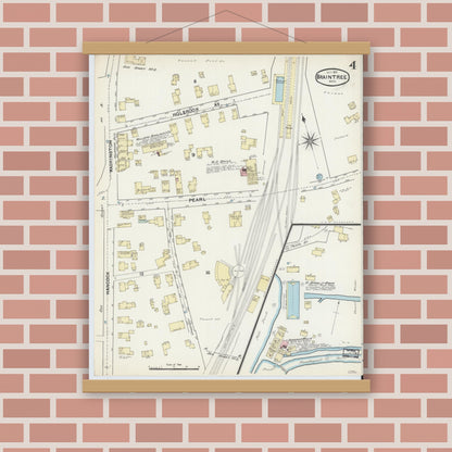 Old map wall art mockup — magnetic wood frame on brick wall — Sanborn Fire Insurance Map from Braintree, Norfolk County, Massachusetts (1891), Sheet #0004