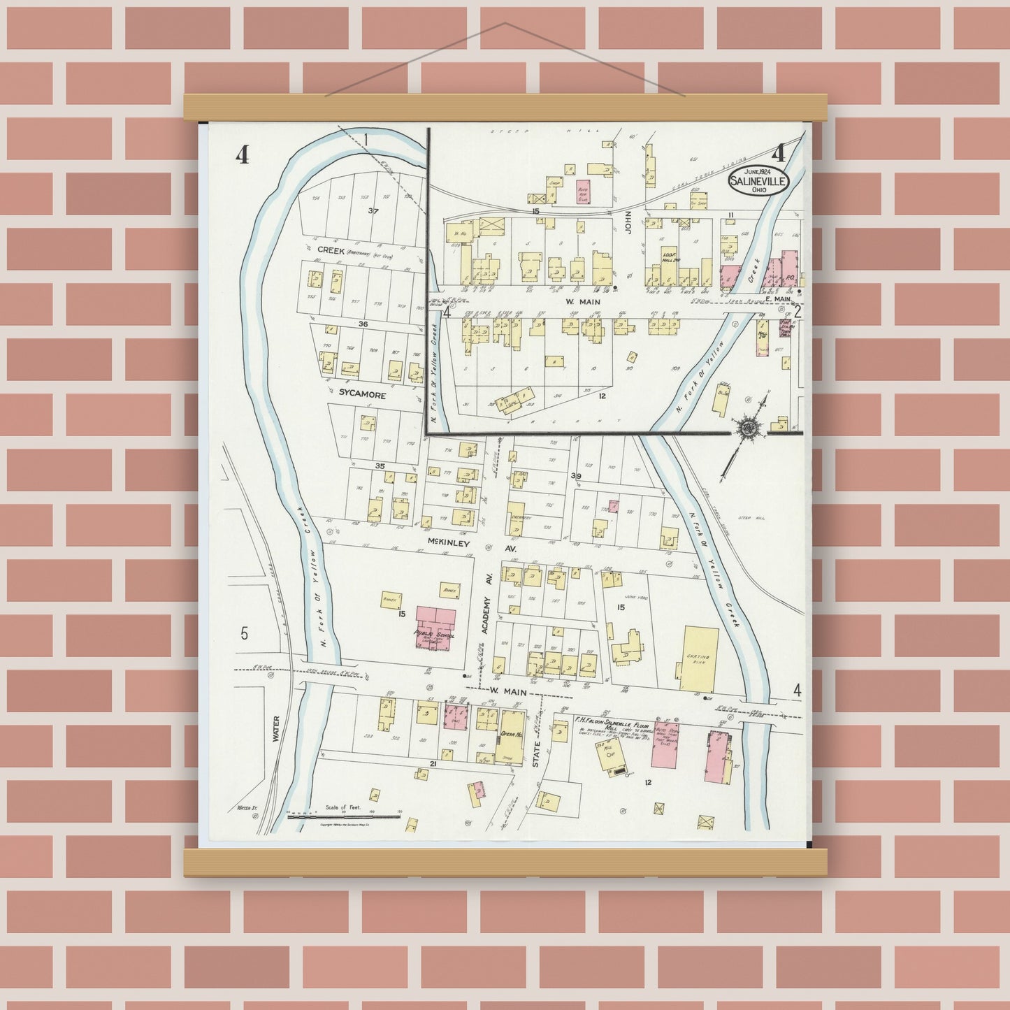Old map wall art mockup — magnetic wood frame on brick wall — Sanborn Fire Insurance Map from Salineville, Columbiana County, Ohio (1924), Sheet #0004