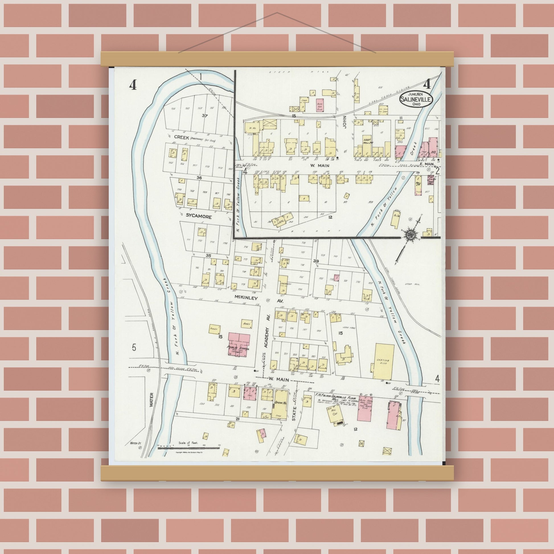 Old map wall art mockup — magnetic wood frame on brick wall — Sanborn Fire Insurance Map from Salineville, Columbiana County, Ohio (1924), Sheet #0004
