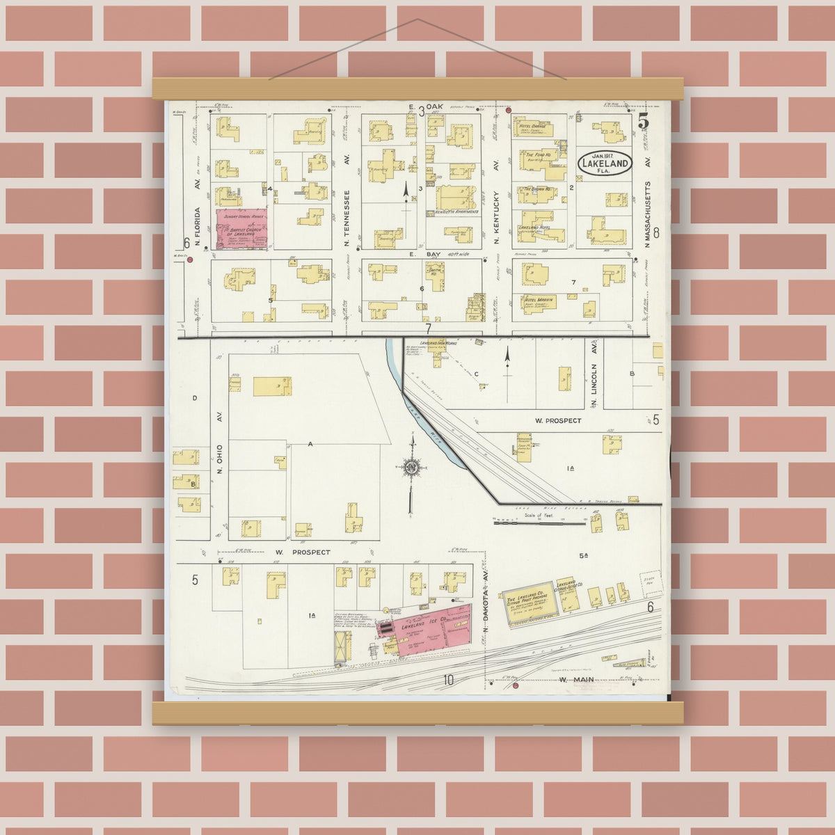 Old map wall art mockup — magnetic wood frame on brick wall — Sanborn Fire Insurance Map from Lakeland, Polk County, Florida (1917), Sheet #0005