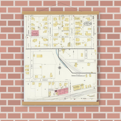 Old map wall art mockup — magnetic wood frame on brick wall — Sanborn Fire Insurance Map from Lakeland, Polk County, Florida (1917), Sheet #0005