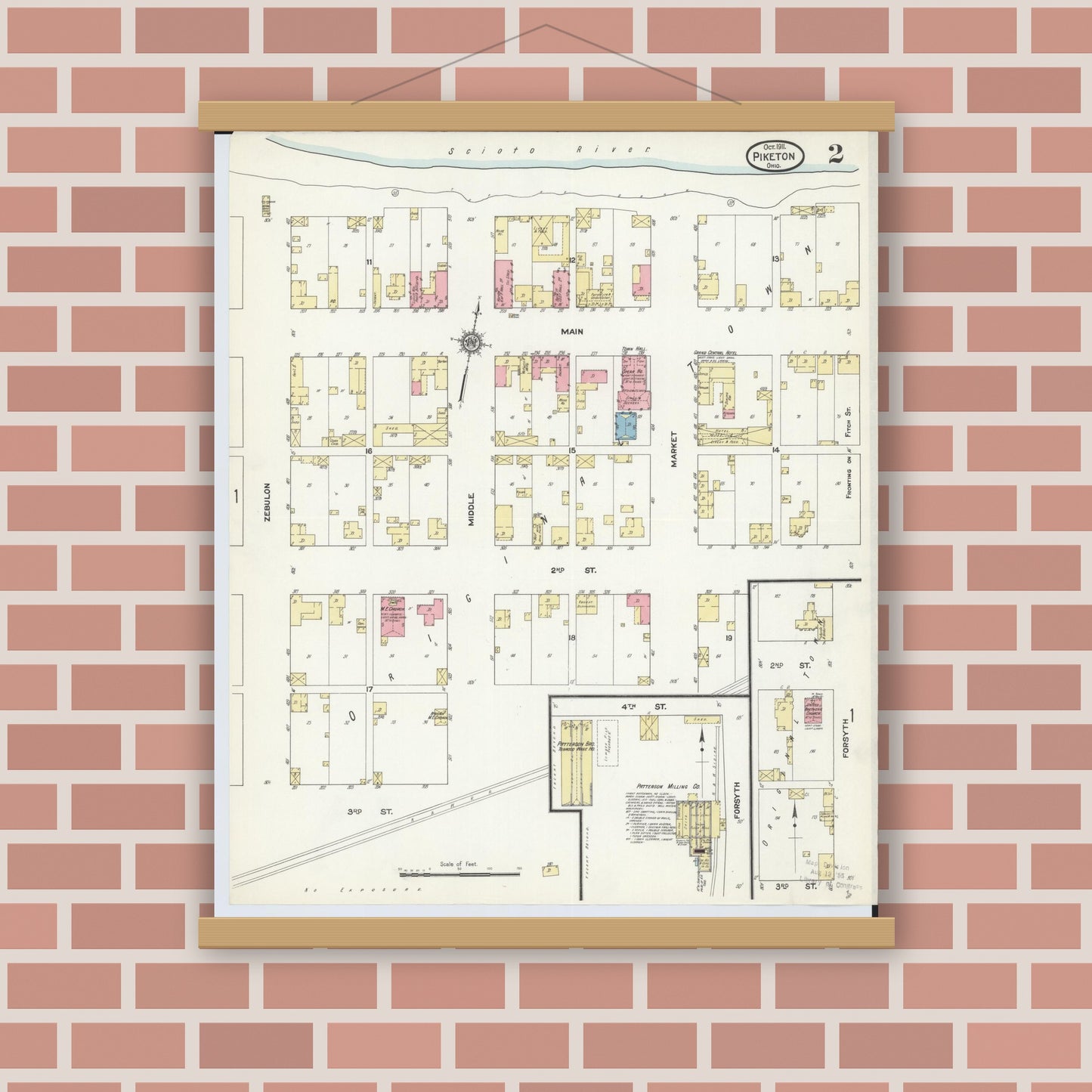 Old map wall art mockup — magnetic wood frame on brick wall — Sanborn Fire Insurance Map from Piketon, Pike County, Ohio (1911), Sheet #0002